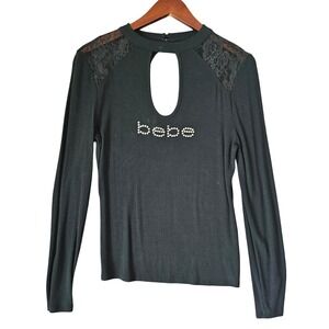 Bebe Womens Black Ribbed Keyhole Rhinestone Logo Lace‎ Shoulder Top BKT-0250